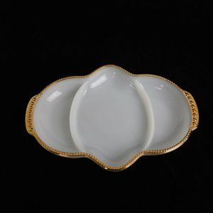 Fire King Milk Glass Relish Dish Tray 3 Section Divided White Gold Trim Vintage